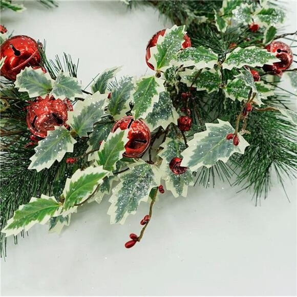 Christmas Winter Wreath with Artificial Holly Leaves and Red Bell - Picture 3 of 7